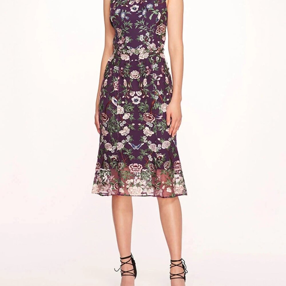 Marchesa Notte Sleeveless botanical floral embroidered tulle midi dress